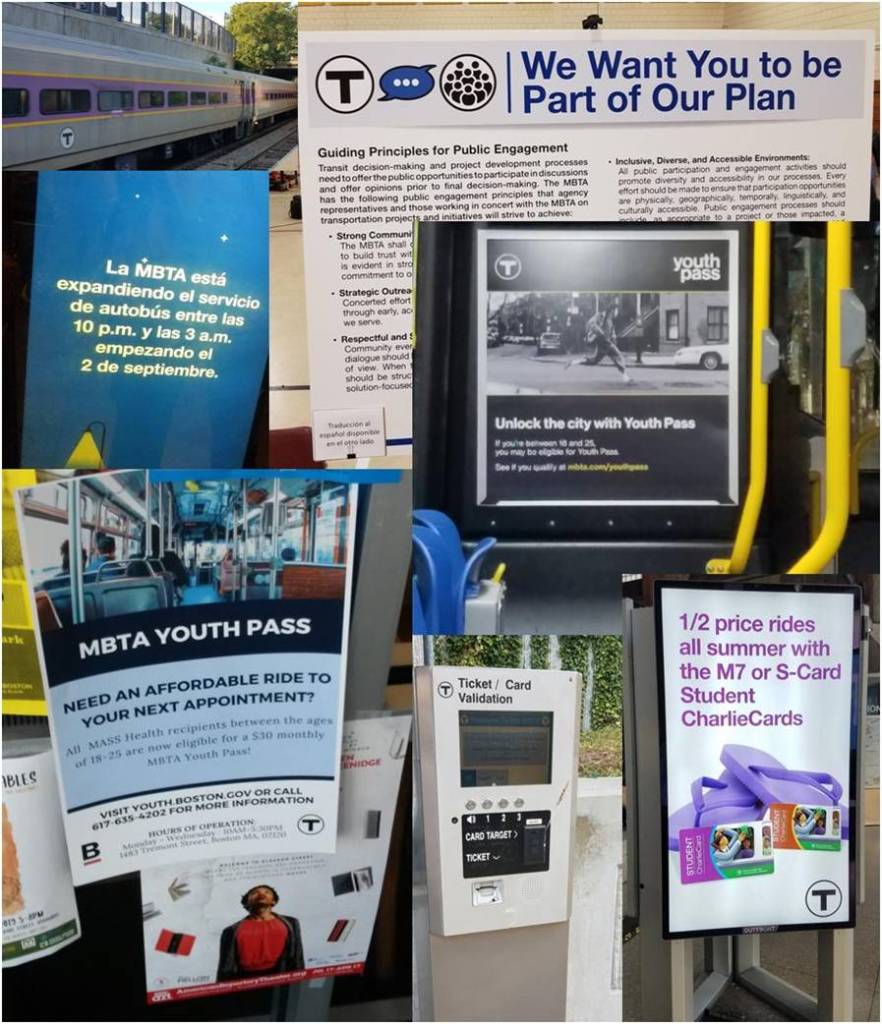 Collage of images about Youth Pass, Late night service, Fairmount Line service and Charliecard readers, student cards for the summer, and public engagement plan.